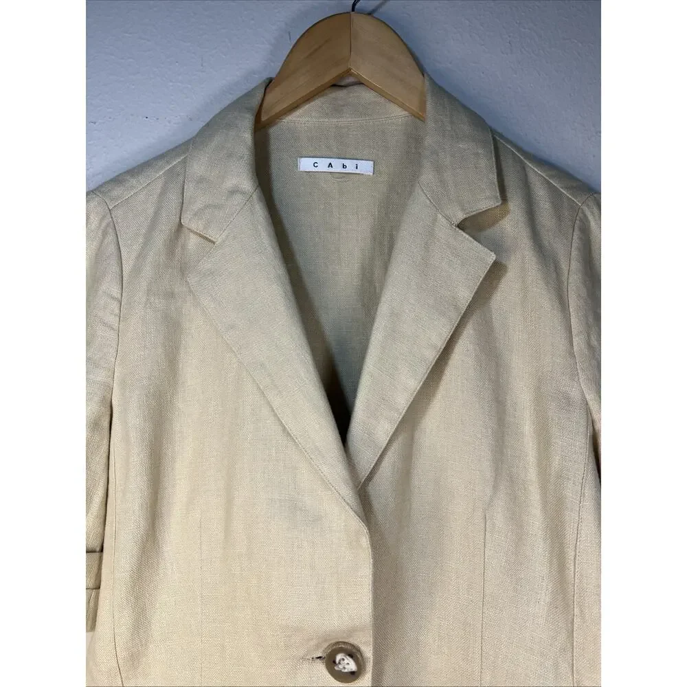 Cabi Tan 100% Linen One Button Academia blazer safari Jacket medium pleated #902 - Picture 4 of 11